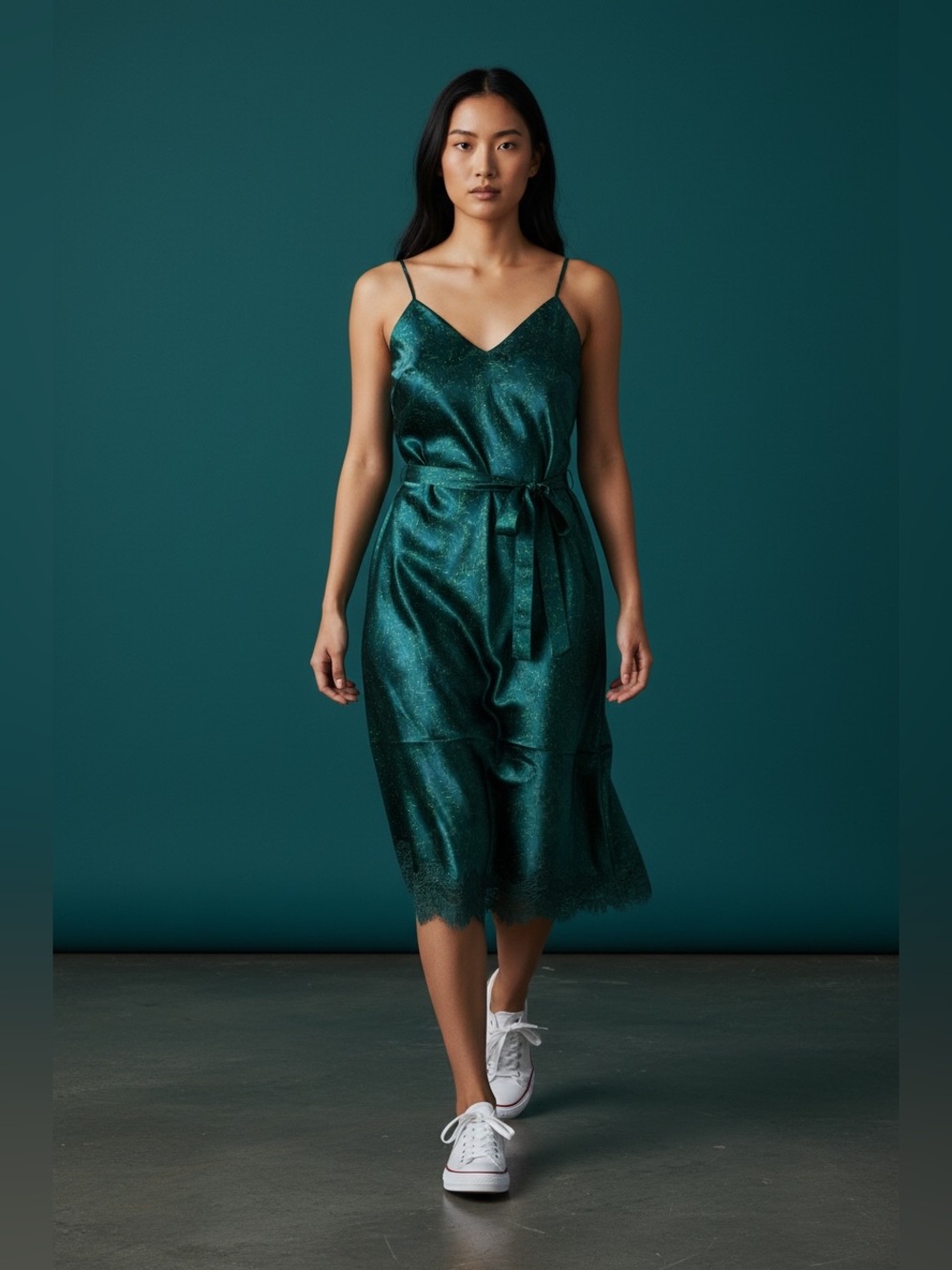 Gold Hawk Emerald silk Slip Midi Dress